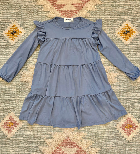 Long Sleeve Dusty Blue Ruffle Dress