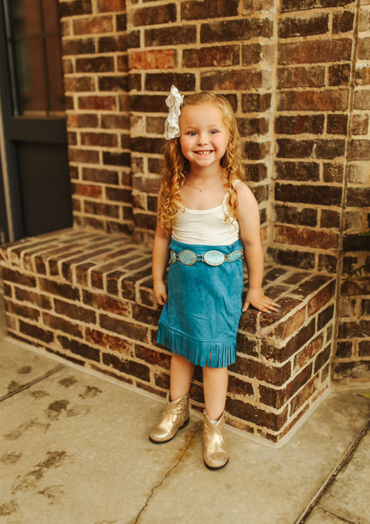 L&B Teal Suede Fringe Skirt