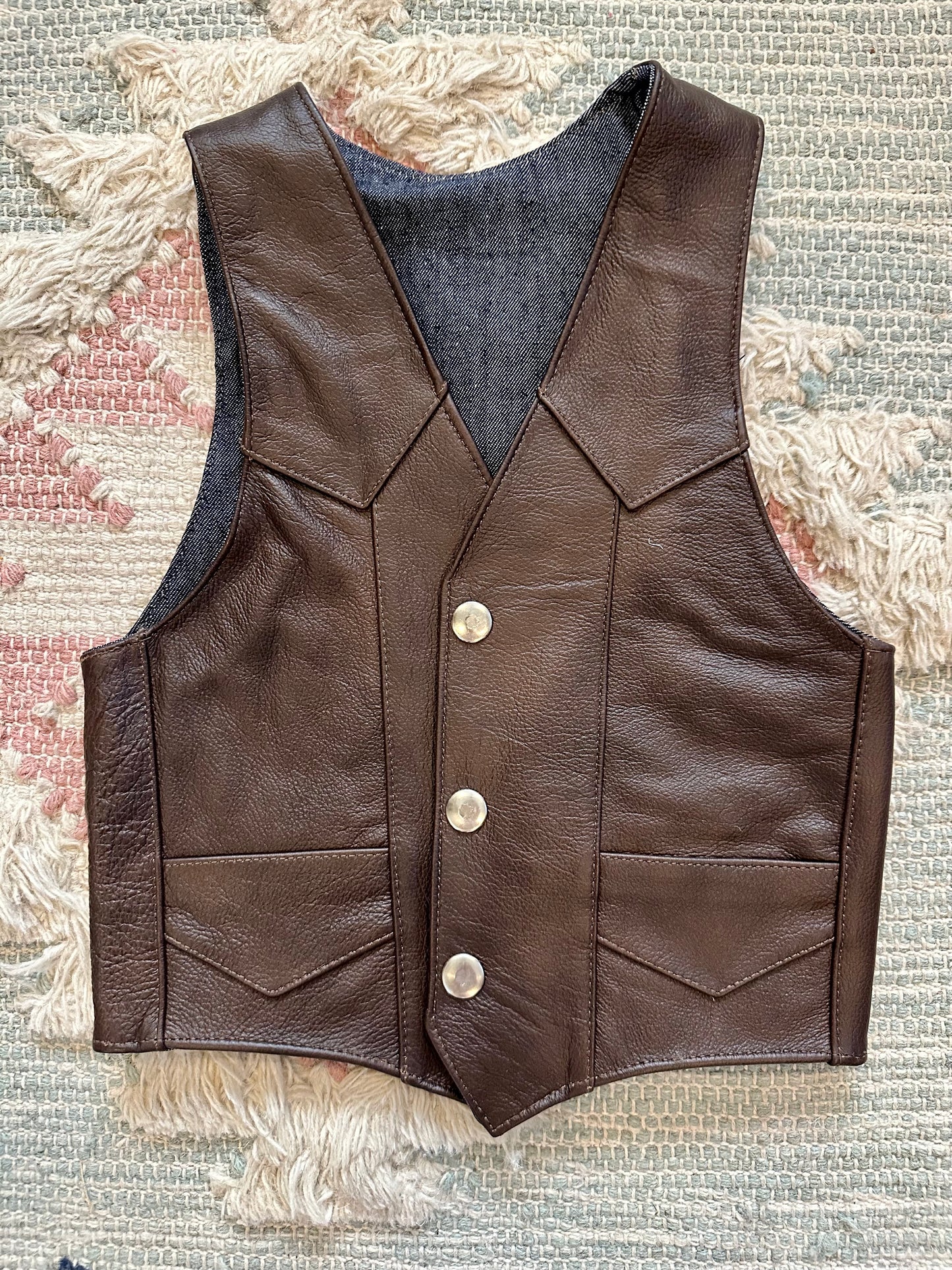 Boys Brown Leather/Denim Reversible Vest