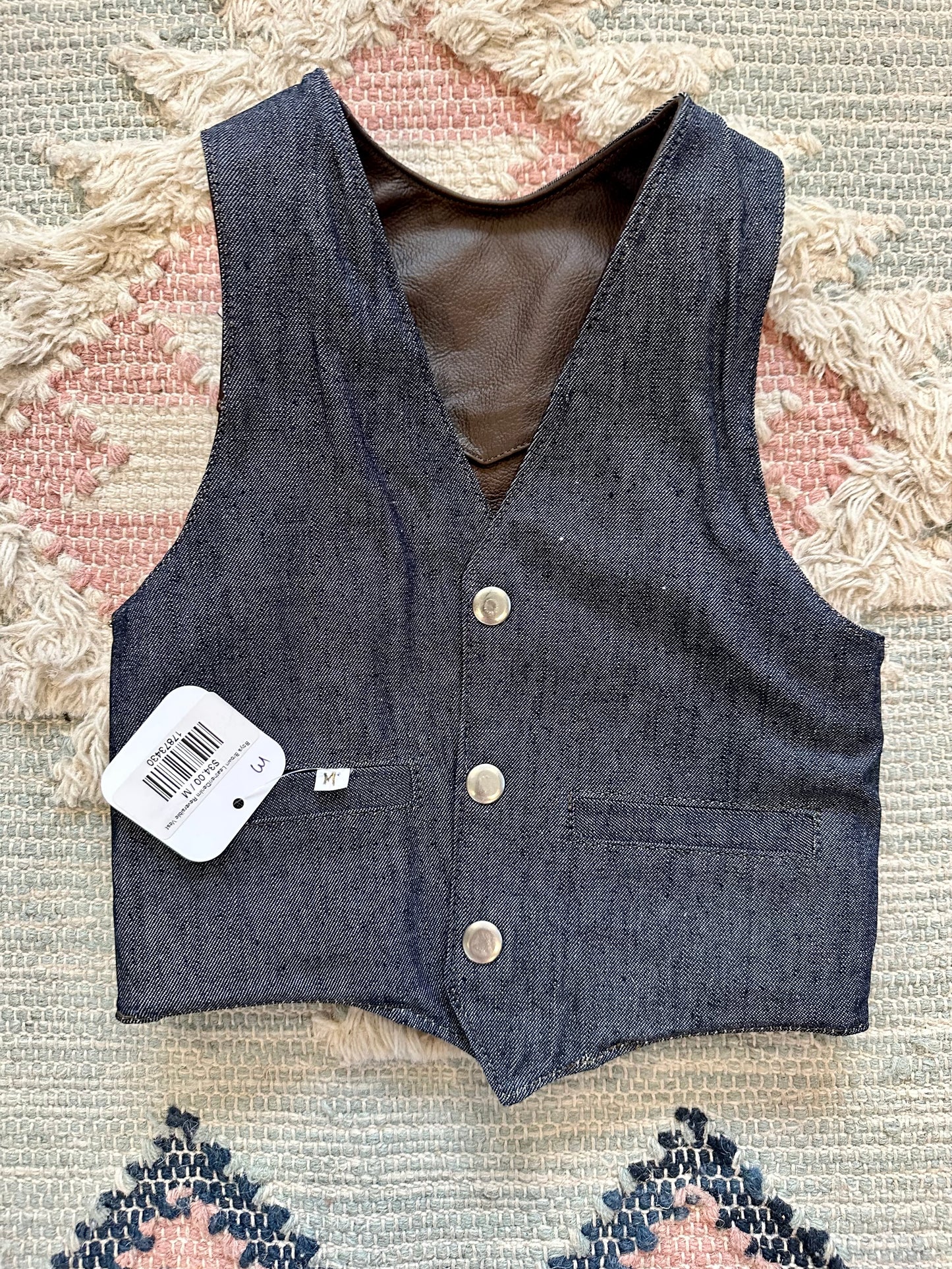 Boys Brown Leather/Denim Reversible Vest