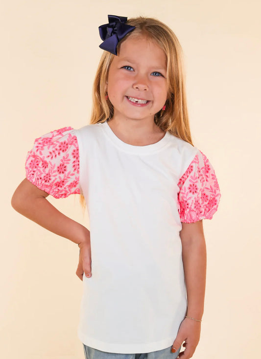 Grace & Emma White & Pink Eyelet Tee