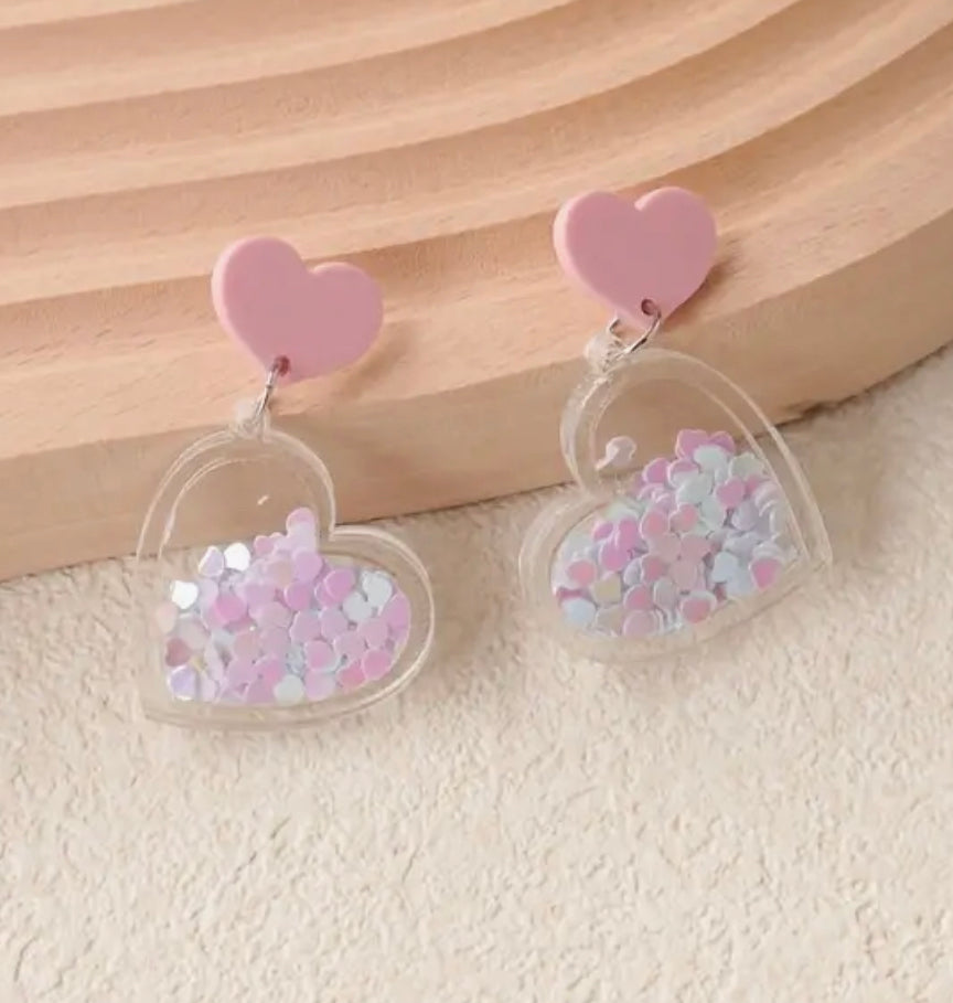 Pink Acrylic & Glitter Heart Earrings