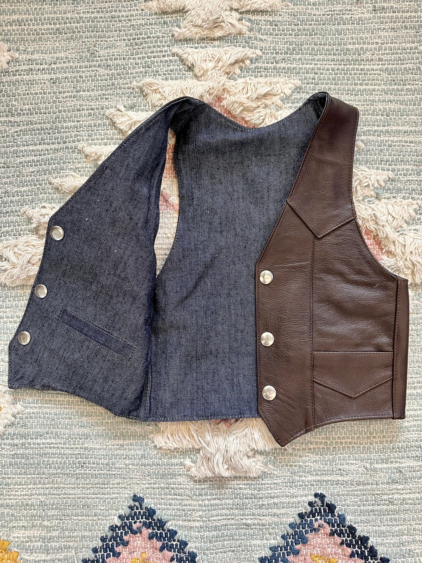 Boys Brown Leather/Denim Reversible Vest