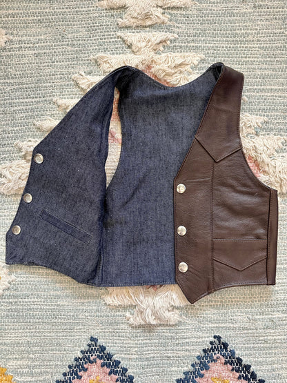 Boys Brown Leather/Denim Reversible Vest