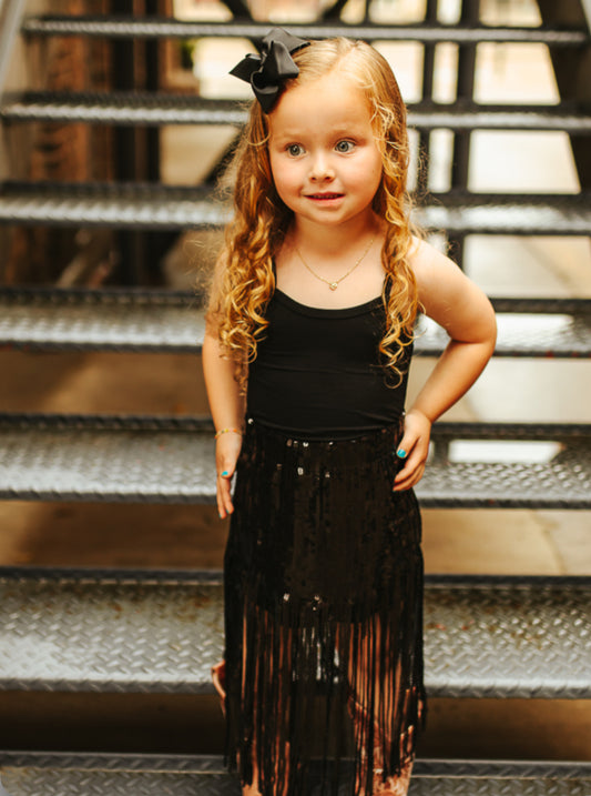 L&B Black Sequin Fringe Skirt