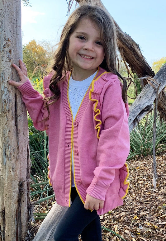 Pink V-Neck Sweater with Yellow Ruffle Trim