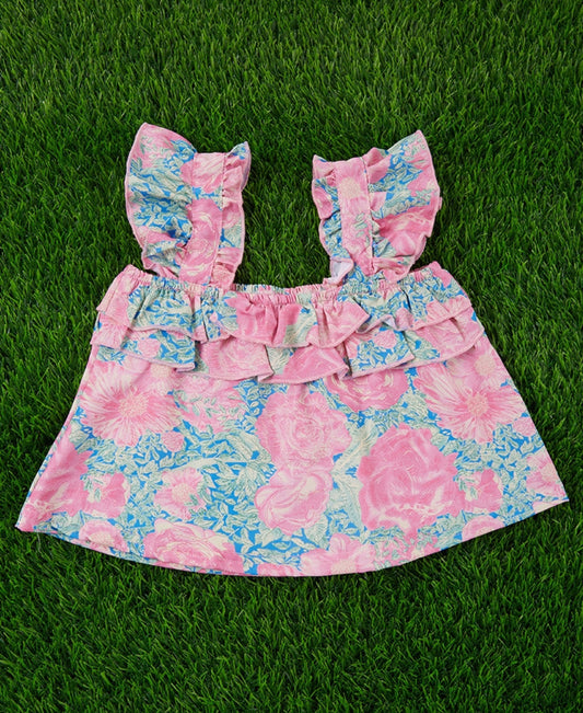 Pink & Blue Ruffle Floral Top