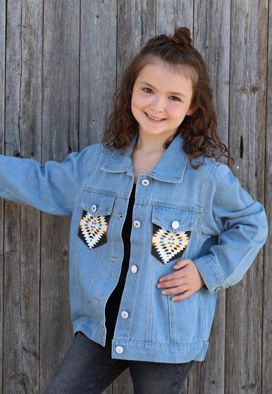 Denim Jacket with Aztec Patches